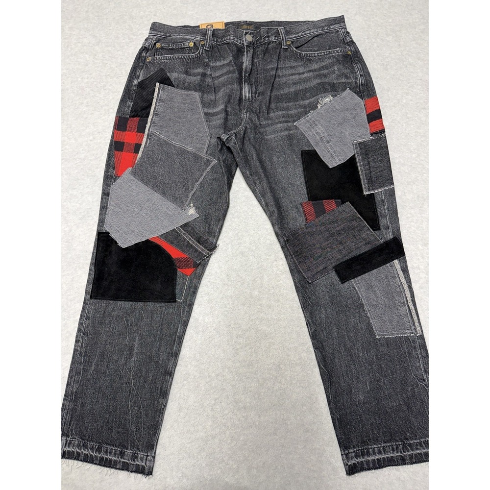 Polo Ralph Lauren Avery Boyfriend Jeans Womens 33 Charcoal Plaid Patchwork Denim